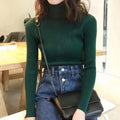 リブ ニットトップス タートルネック無地 ダークグリーン