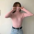 リブ ニットトップス タートルネック無地 ピンク