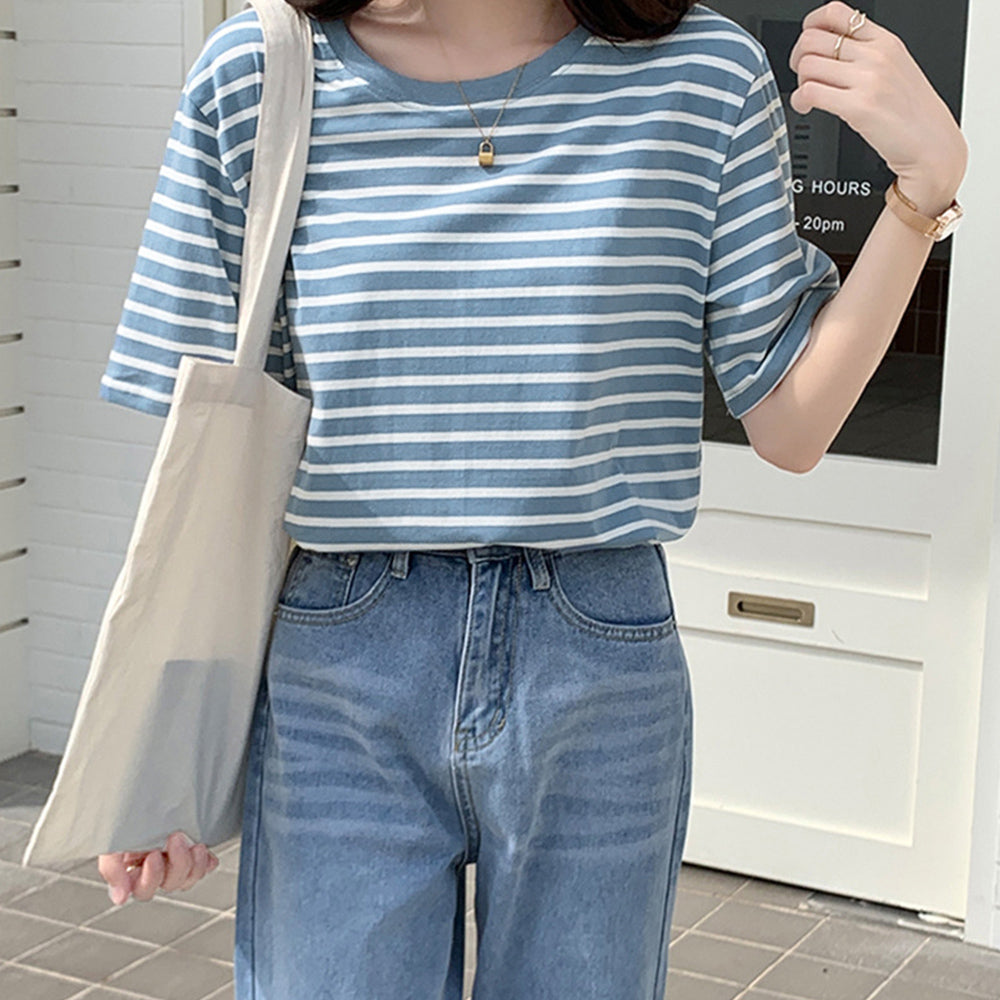 カラーボーダー Tシャツ レディース半袖 ブルー