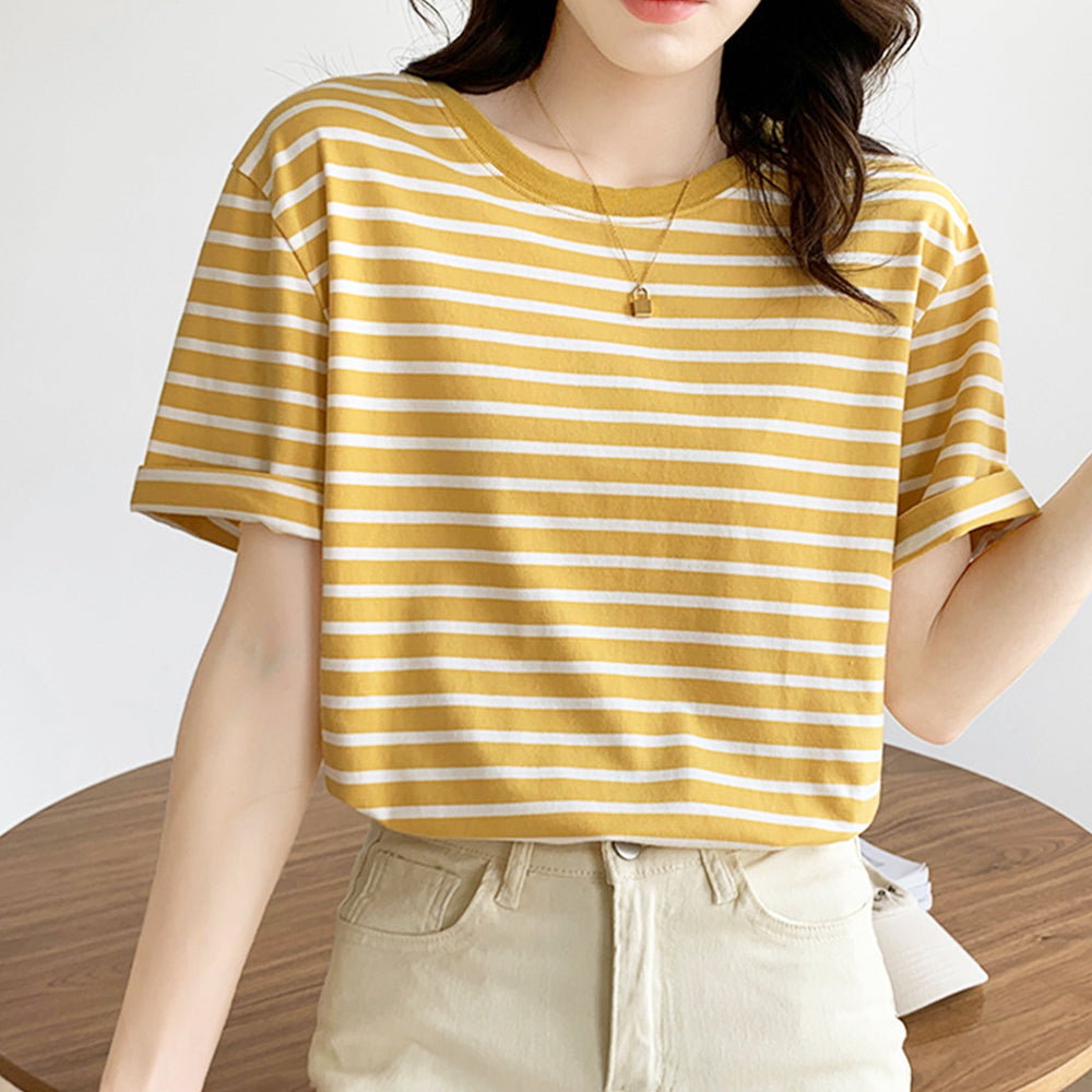 カラーボーダー Tシャツ レディース半袖 イエロー