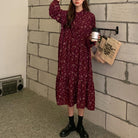 小花柄 ボウタイワンピース レディース春 ワインレッド