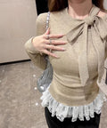 リボンネックニット 裾レースカットソー秋 レディース スリムフィット ニットTシャツ レイヤード風 大人可愛い ニットプルオーバー タイトトップス 着回し 韓国風 84WANJIA-024