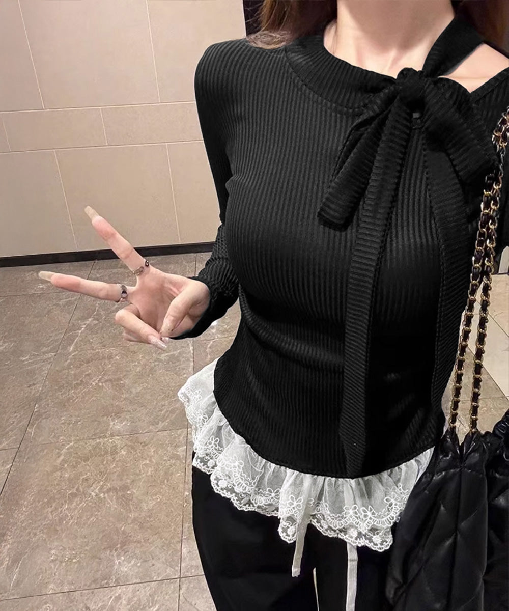 リボンネックニット 裾レースカットソー秋 レディース スリムフィット ニットTシャツ レイヤード風 大人可愛い ニットプルオーバー タイトトップス 着回し 韓国風 84WANJIA-024