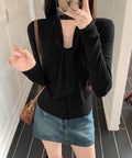 リボンタイ付きトップス ボウタイtシャツ レディース 大人可愛い ボウタイカットソー スリムフィットタイトtシャツ 長袖無地カットソー 細見え 韓国風インナー秋冬 84WANJIA-025