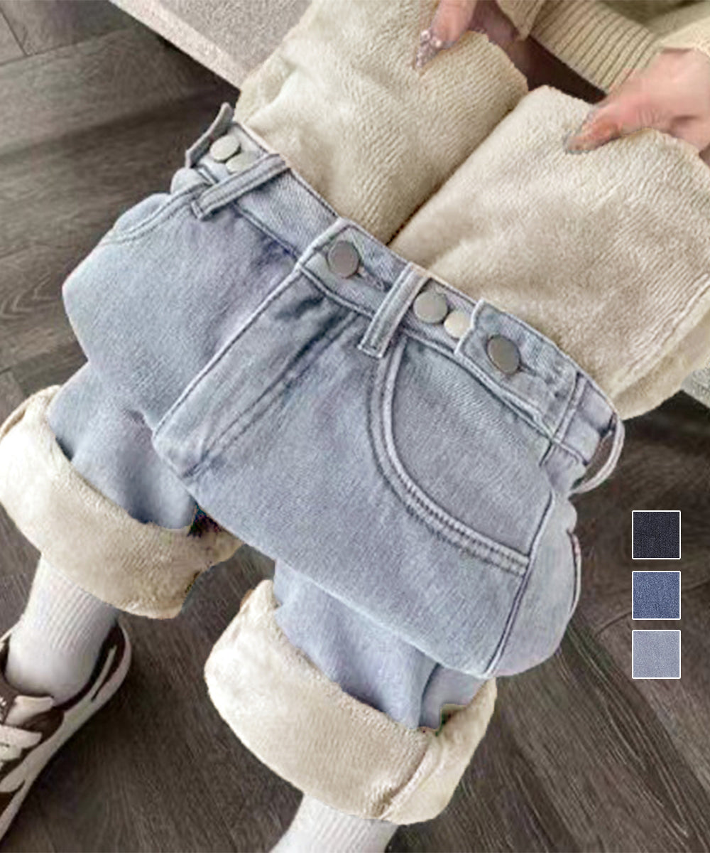 裏起毛デニムパンツウエスト調節ボタン付き