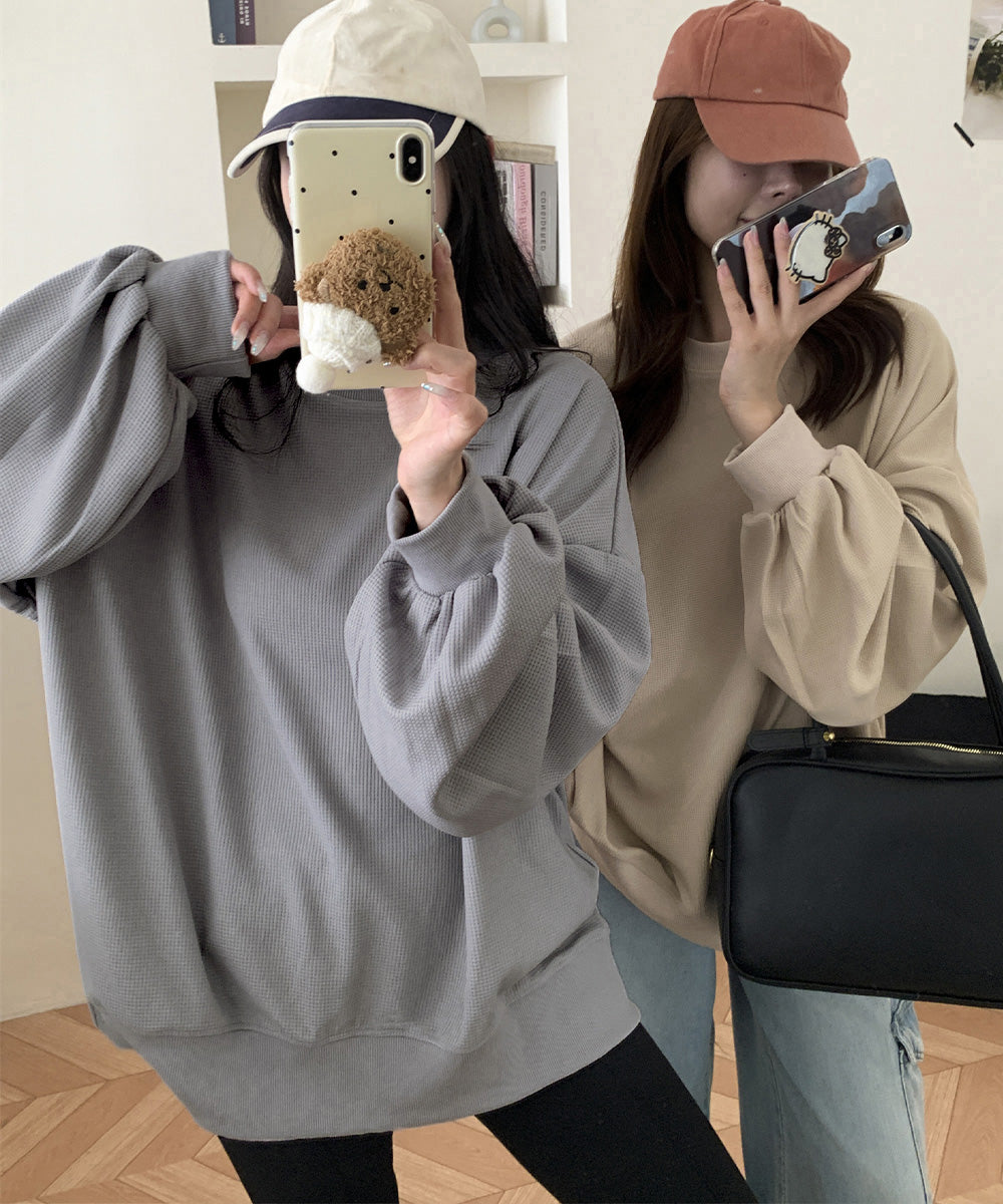ワッフルオーバーサイズ配色プルオーバー秋 詳細画像14
