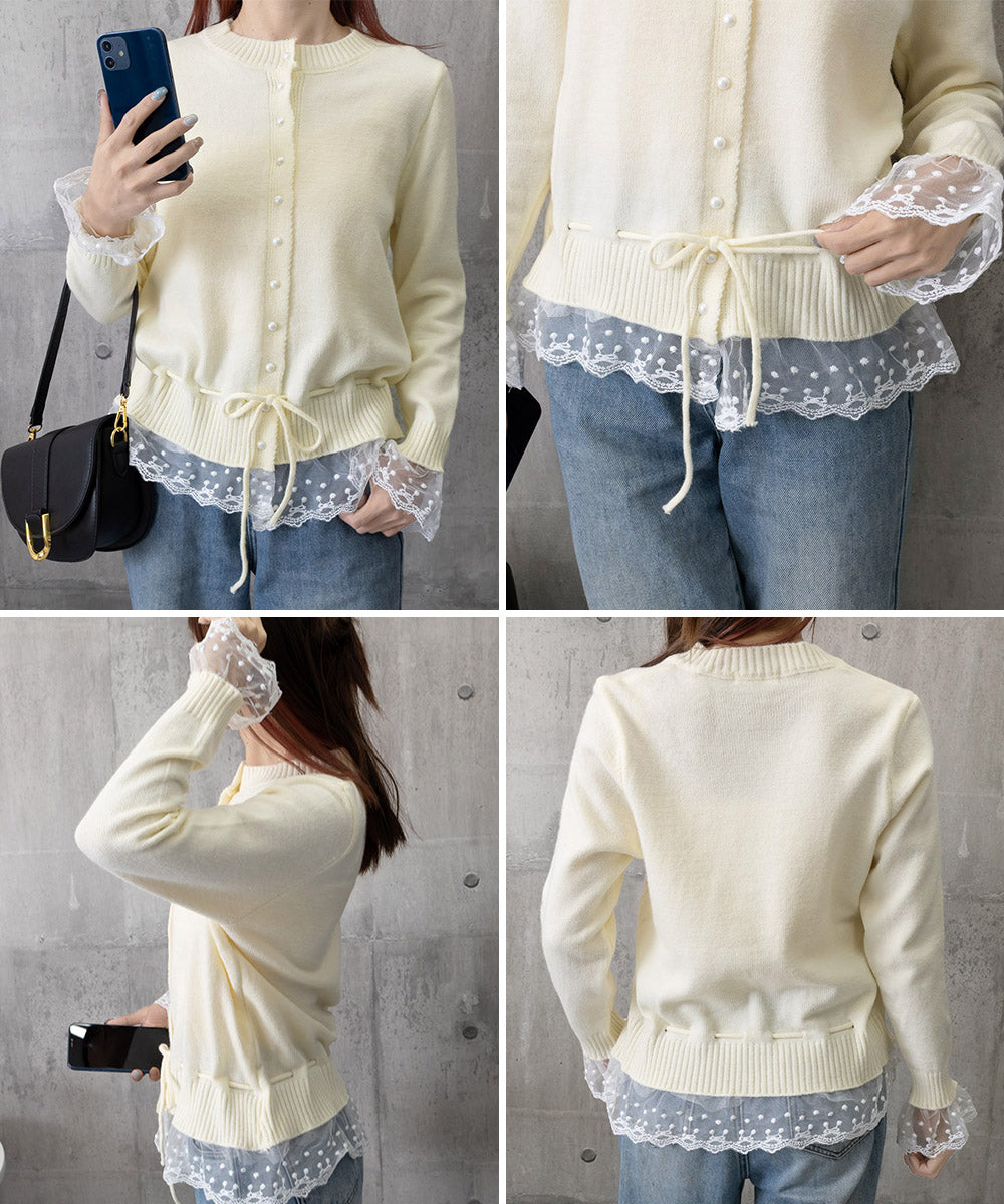レース切り替えニットカーディガン長袖秋冬 詳細画像24