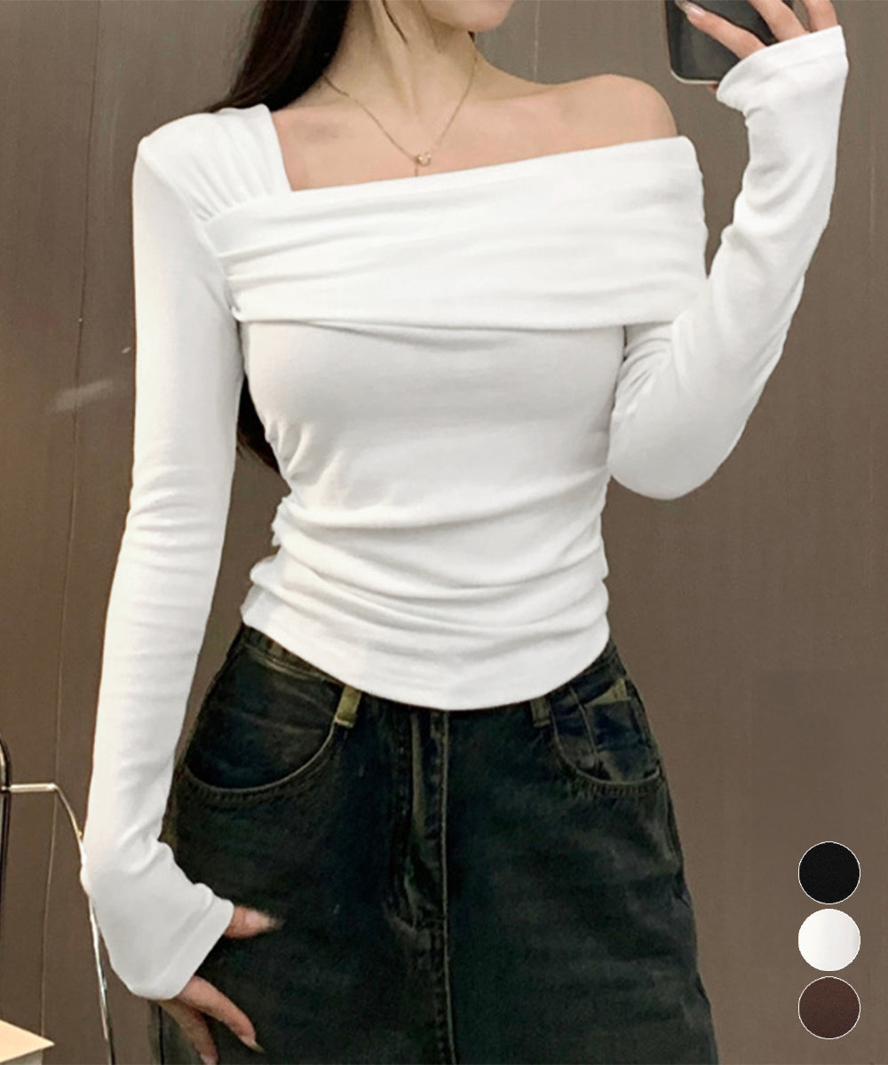 ワンオフショルダーTシャツ肩出しトップス 詳細画像1