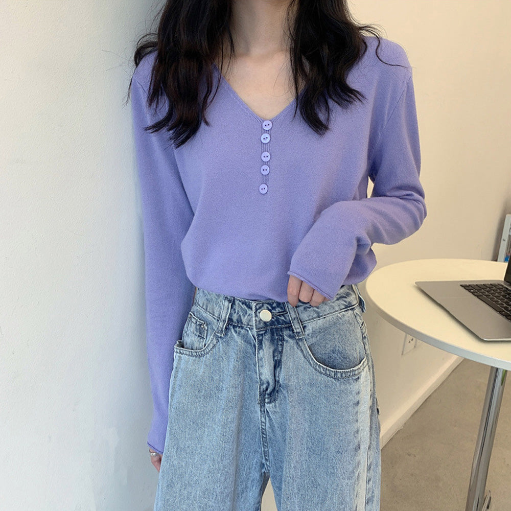 Vネック ニットトップス レディース ラベンダー