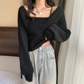 ニットトップス レイヤード風 韓国風 リブニット ボリューム袖 バックリボン ニットセーター ドッキング カシュクールニット カジュアル Vネック 85YN-900264