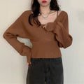 ニットトップス レイヤード風 韓国風 リブニット ボリューム袖 バックリボン ニットセーター ドッキング カシュクールニット カジュアル Vネック 85YN-900264