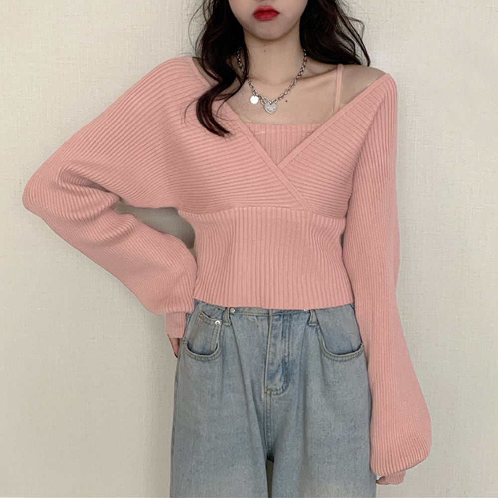 ニットトップス レイヤード風 韓国風 ピンク