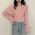 ニットトップス レイヤード風 韓国風 リブニット ボリューム袖 バックリボン ニットセーター ドッキング カシュクールニット カジュアル Vネック 85YN-900264