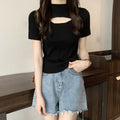 胸開きサマーニット レディース 韓国風 ブラック