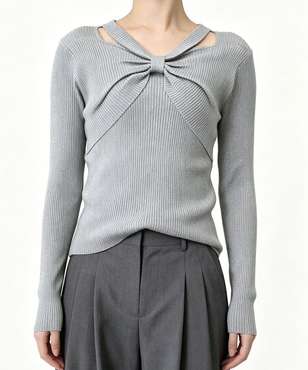 フロントリボンリブニットトップス大人秋服 レディース ホルターネック ニットウエア 普段着 ニットプルオーバー カジュアル ニットセーター 着やせ ニットインナー 85YN-900407