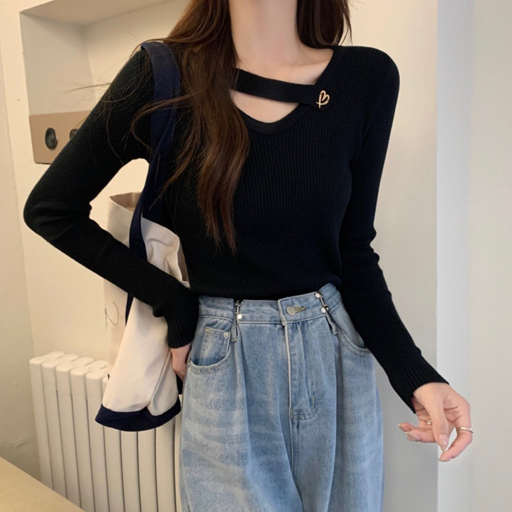Vネック リブニットトップス 大人秋服 ブラック