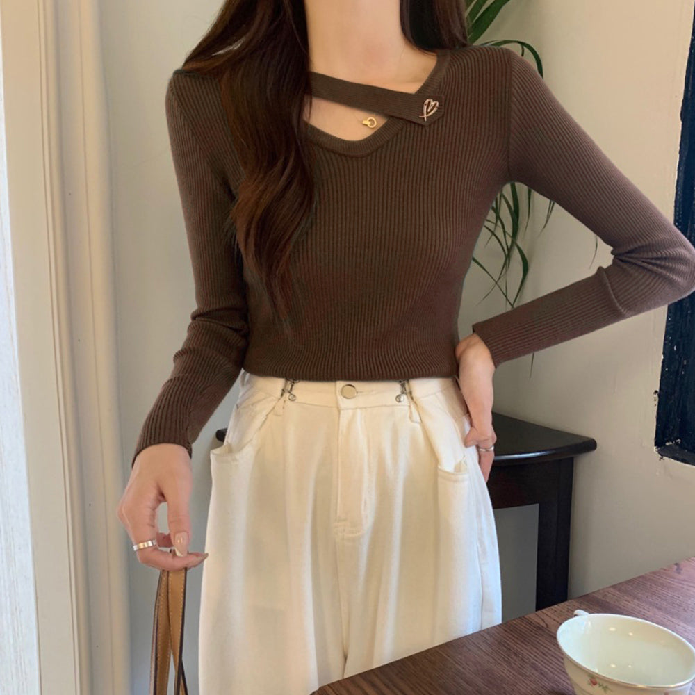 Vネック リブニットトップス 大人秋服 ダークブラウン