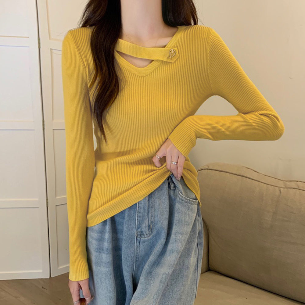 Vネック リブニットトップス 大人秋服 イエロー