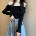 肩あきニットトップス バイカラー大人秋服 ブラック