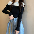肩あきニットトップス バイカラー大人秋服 ブラック