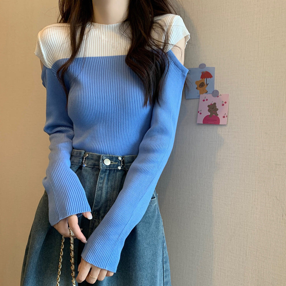 肩あきニットトップス バイカラー大人秋服 ブルー