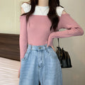 肩あきニットトップス バイカラー大人秋服 ピンク