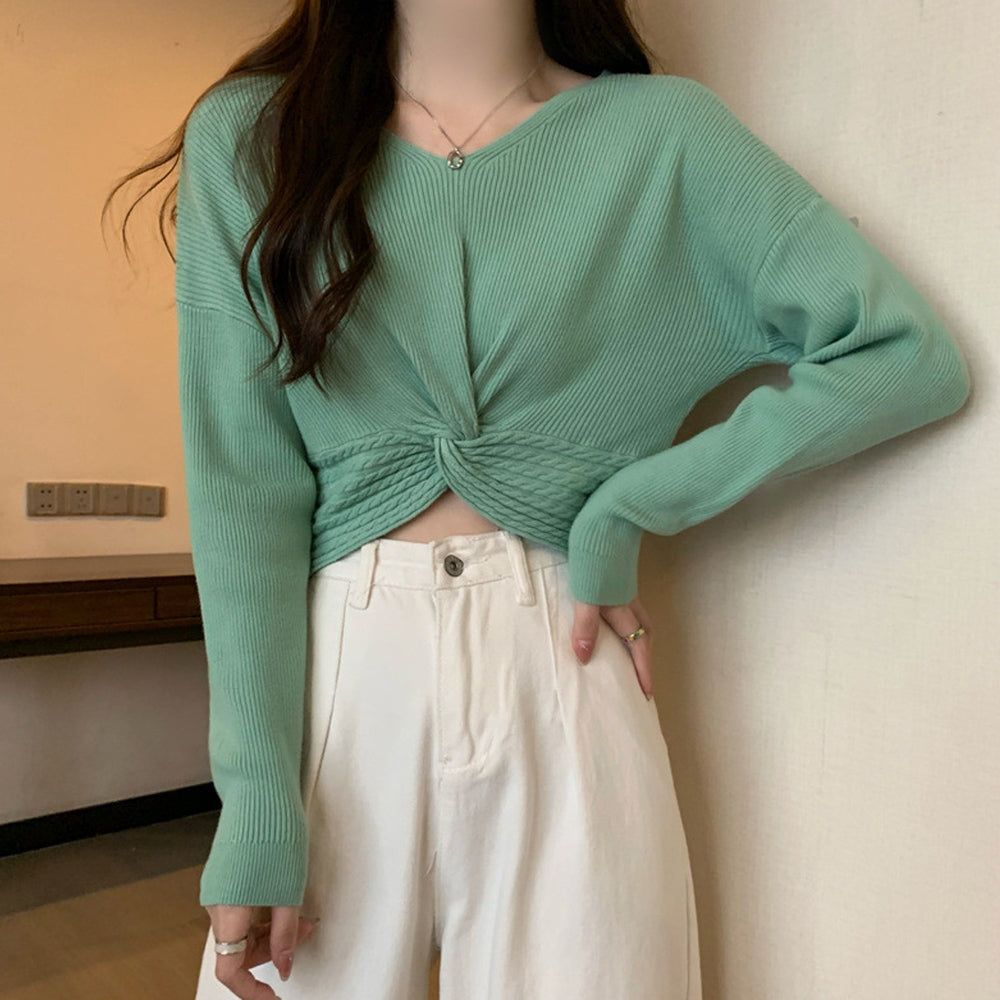 フロントツイスト ニットプルオーバー秋服 グリーン