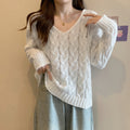 ケーブル編みニットトップス Vネック春秋 ホワイト