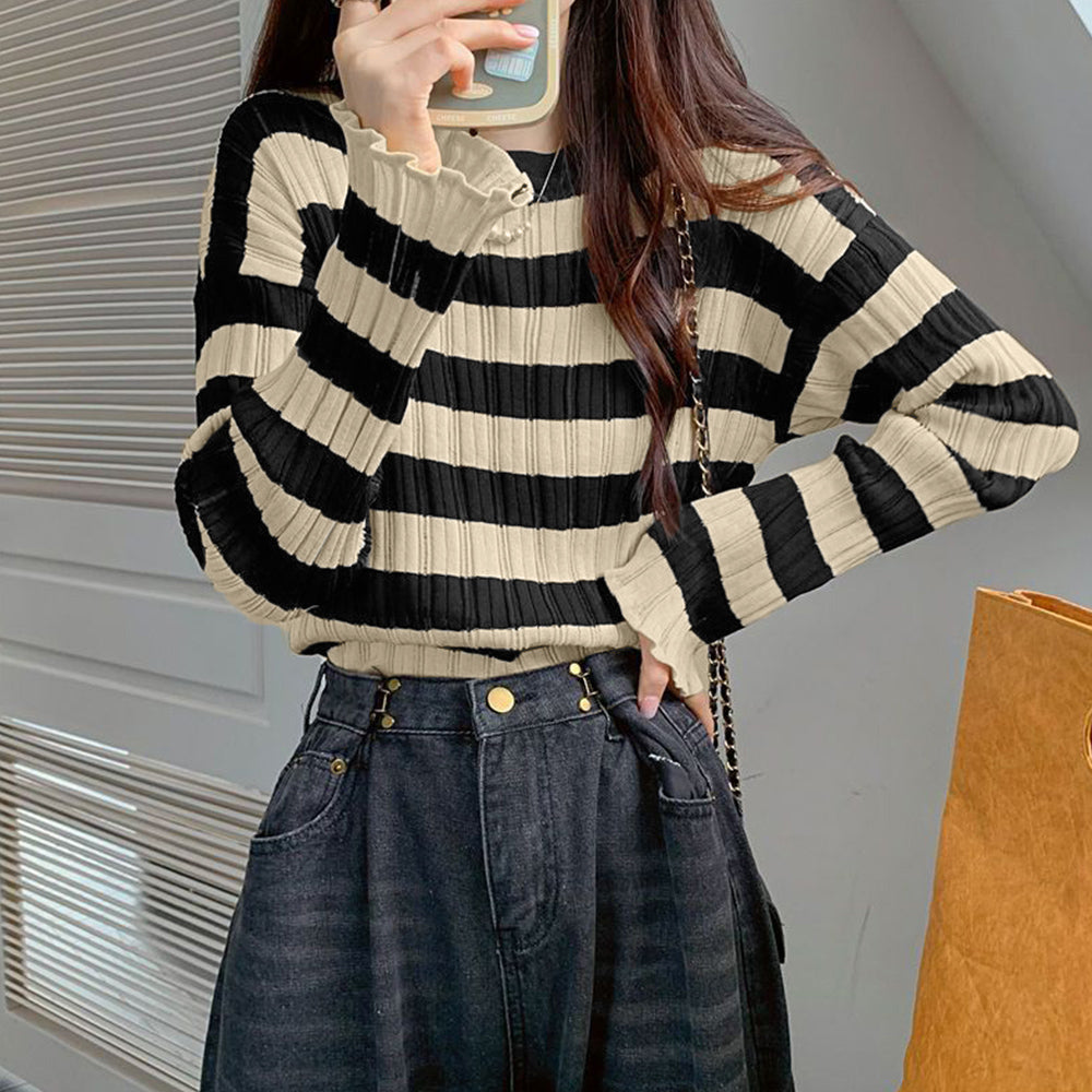 ニットトップス ボーダー柄 リブニット ベージュ*ブラック