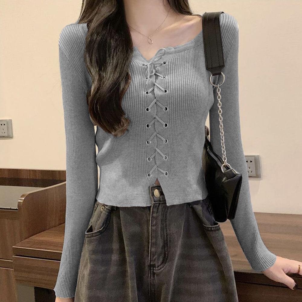 ニットトップス フロントレースアップ秋服 グレー