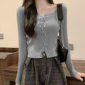 ニットトップス フロントレースアップ秋服 グレー