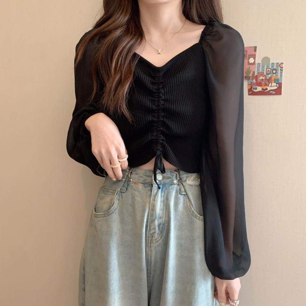 ニットトップス ドローストリング 韓国風 ブラック