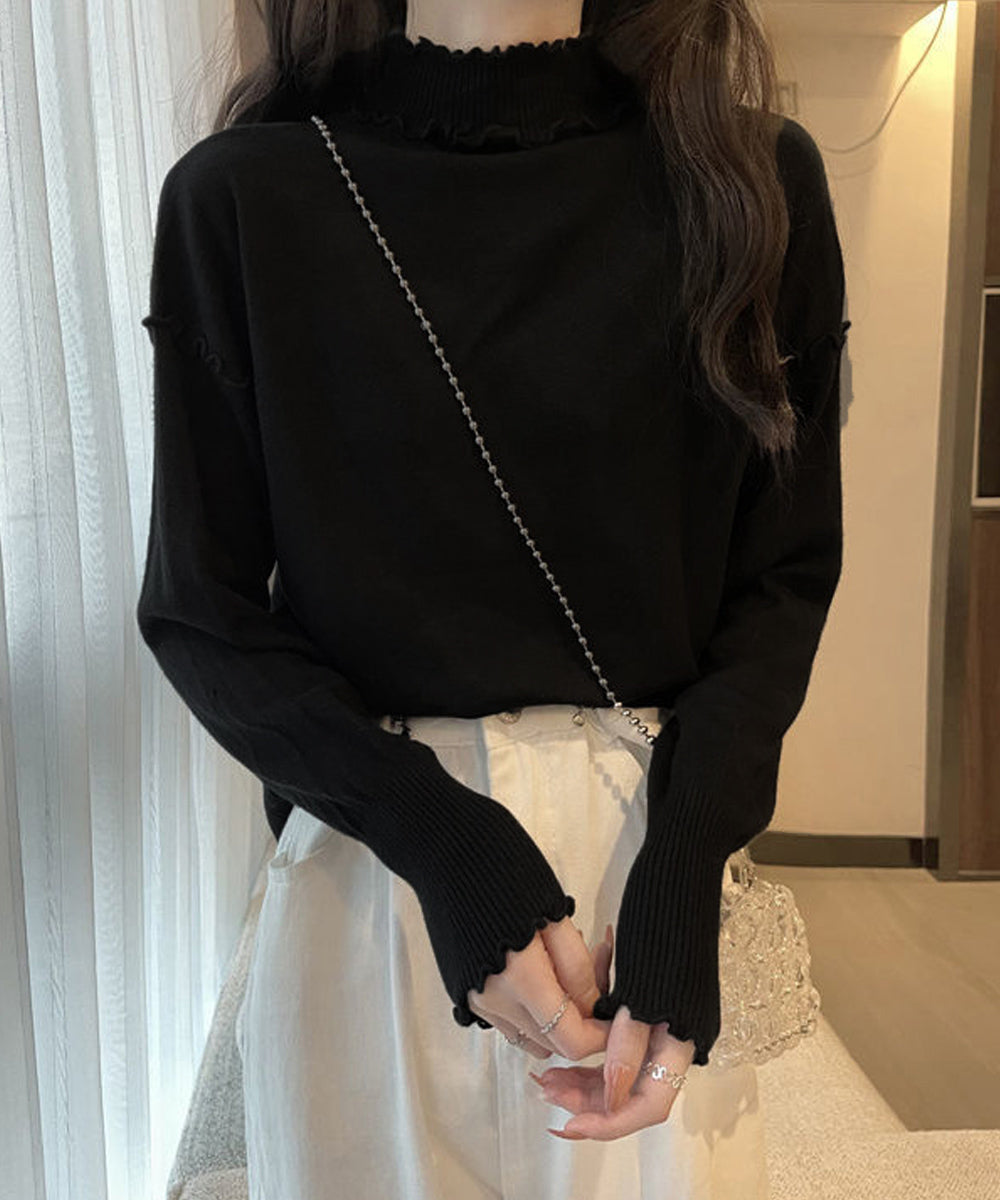 メロウフリル リブニット プチハイネック ブラック