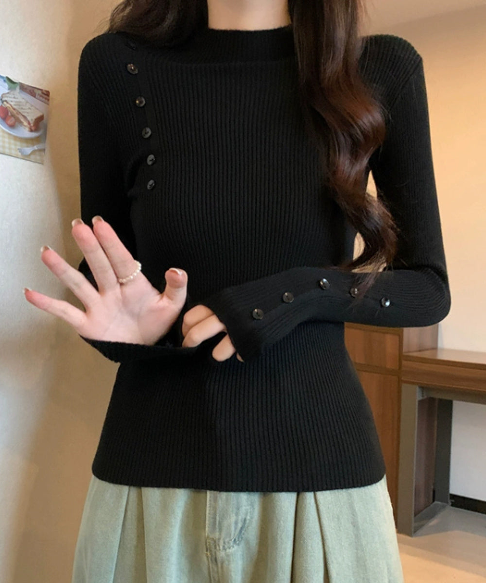 ニットトップス 飾りボタン リブニット ブラック