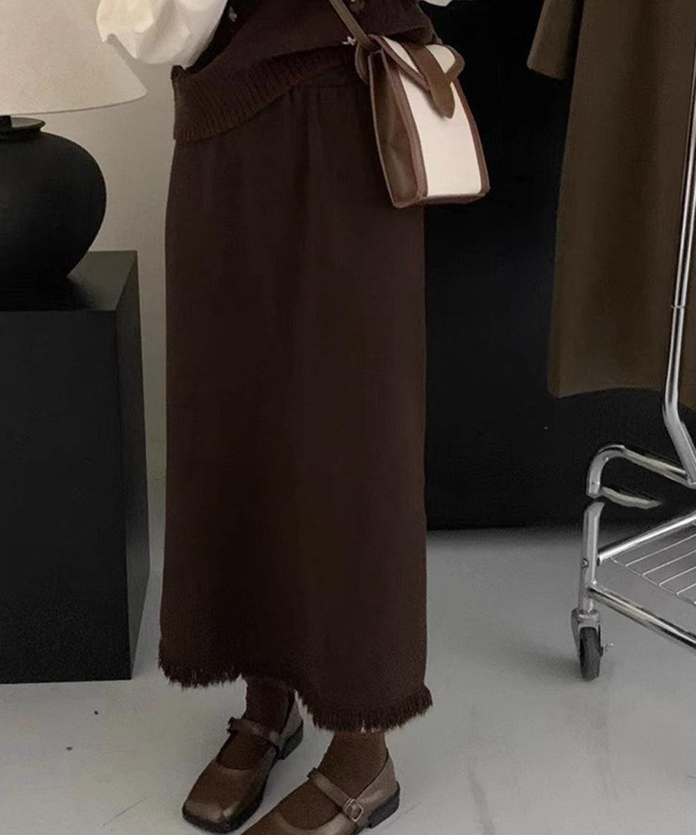 ロングスカート 裾フリンジニットスカート ダークブラウン
