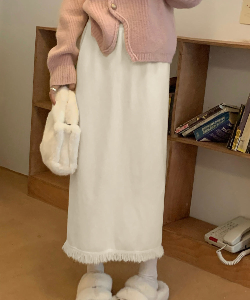 ロングスカート 裾フリンジニットスカート アイボリー