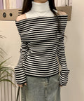 肩あきニットトップスタートルネックニット ボーダー