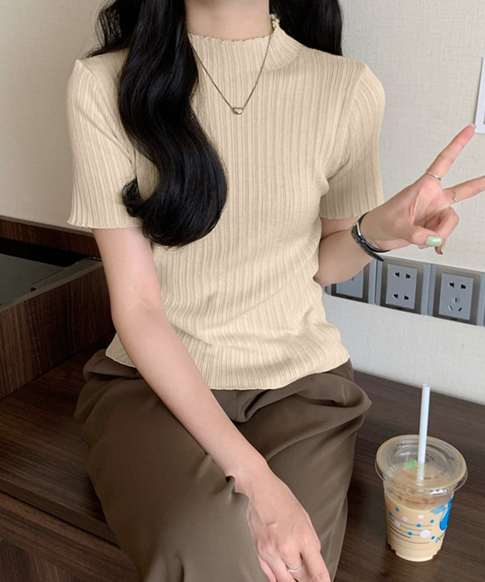 ニットトップス レディース 韓国風 無地 ベージュ