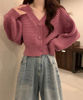 ニットカーディガン ショート丈 韓国風 レディース ニットトップス 可愛い 長袖カーデ 羽織り ライトアウター カジュアル 通学 前開き 秋服 おしゃれ 85YN-900602