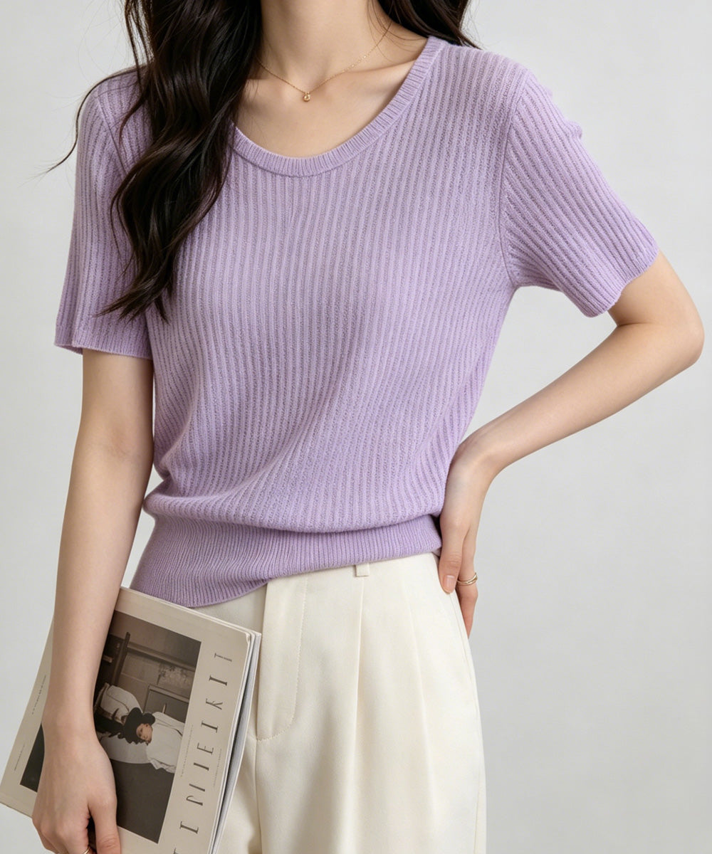 リブニットップス きれいめ 韓国風 夏服 レディース サマーニット 着やせ クルーネック ゆったり おしゃれカットソー 夏トップス シンプルカットソー 大人可愛い 85YN-900625