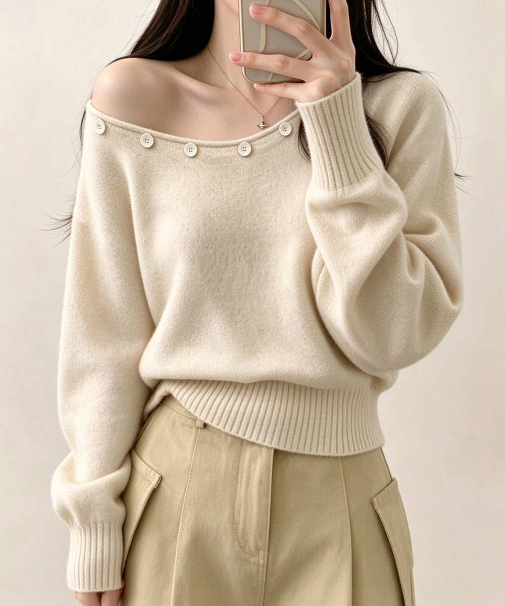 オフショルダー ニットトップス韓国風秋服 ベージュ
