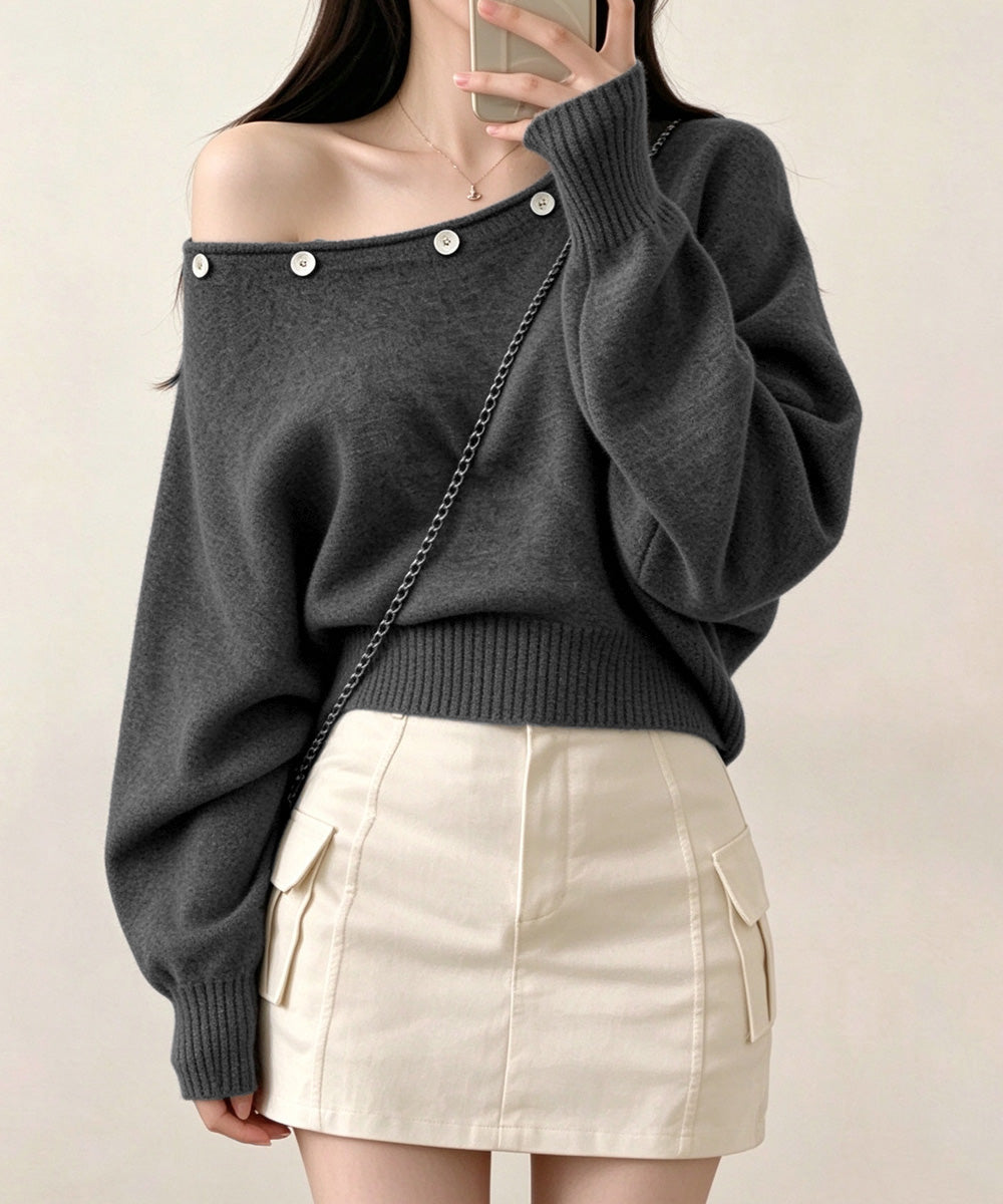 オフショルダー ニットトップス韓国風秋服 ダークグレー