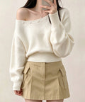 オフショルダー ニットトップス韓国風秋服 アイボリー