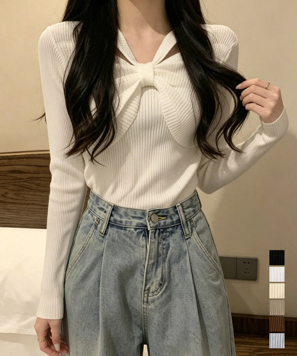 フロントリボンリブニットトップス大人秋服 詳細画像1