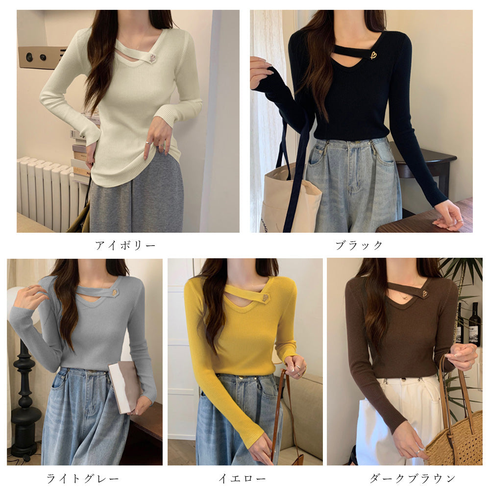 Vネック リブニットトップス 大人秋服 詳細画像2