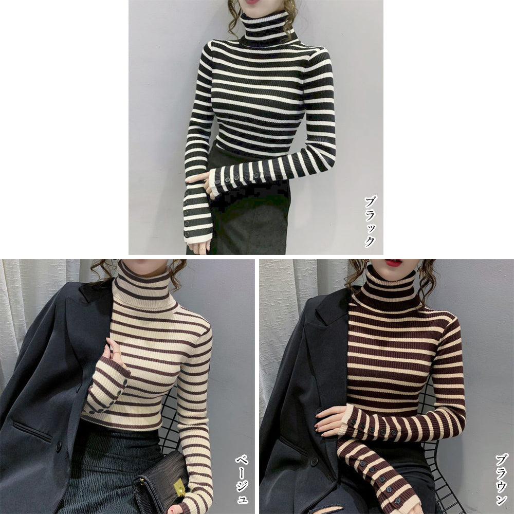 ボーダー柄ニットトップス タートルネック 詳細画像2