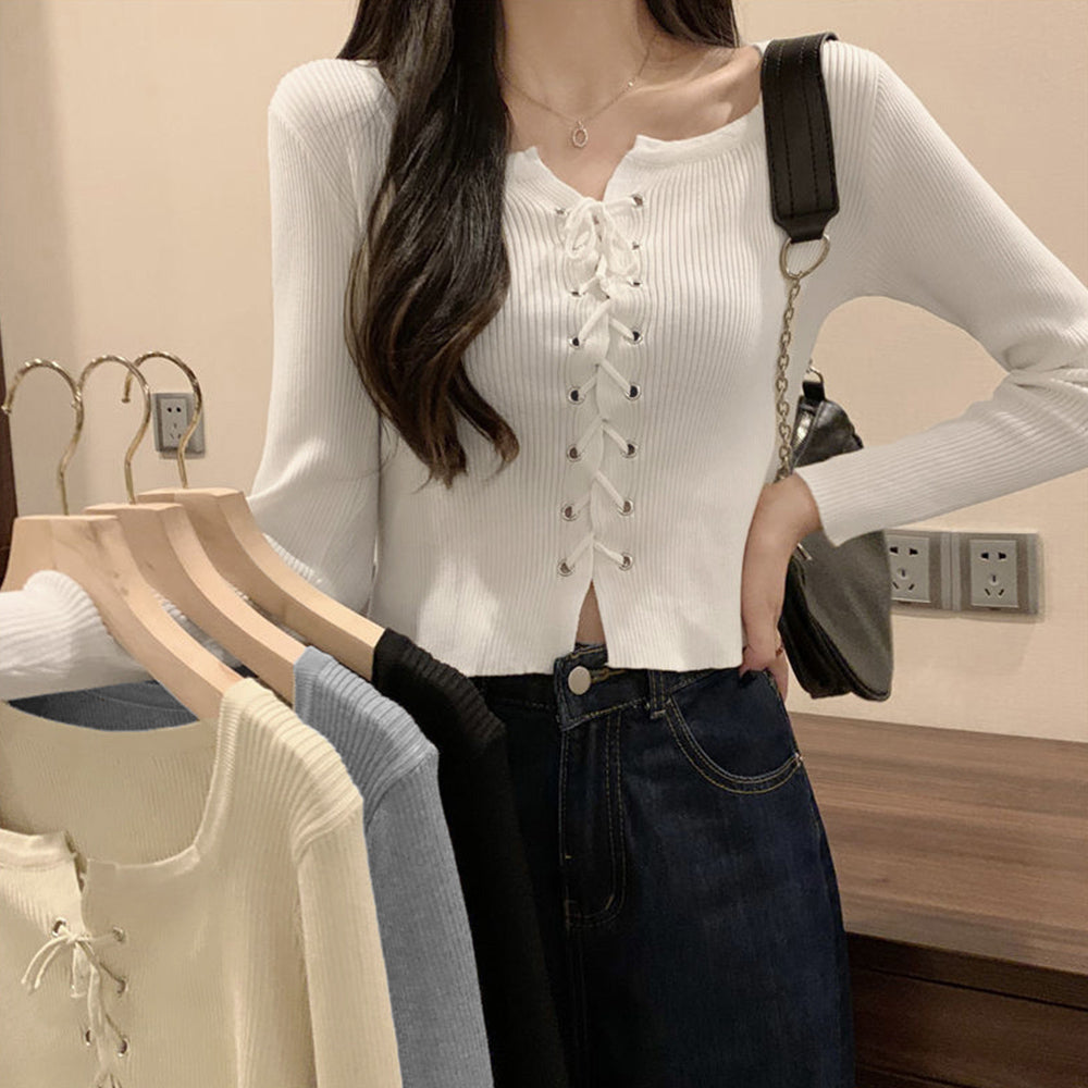 ニットトップス フロントレースアップ秋服 詳細画像1