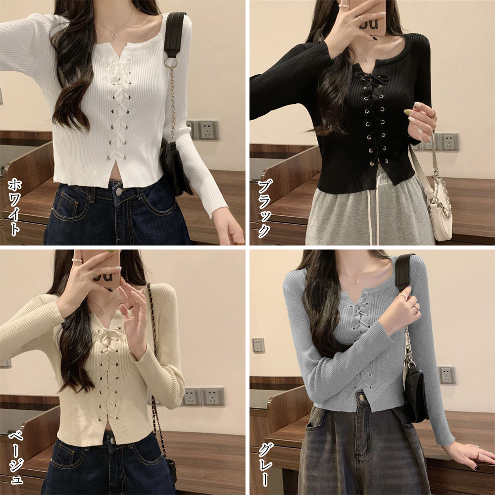 ニットトップス フロントレースアップ秋服 詳細画像2