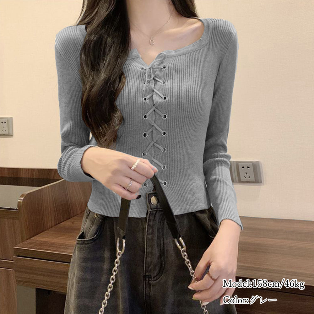ニットトップス フロントレースアップ秋服 詳細画像9