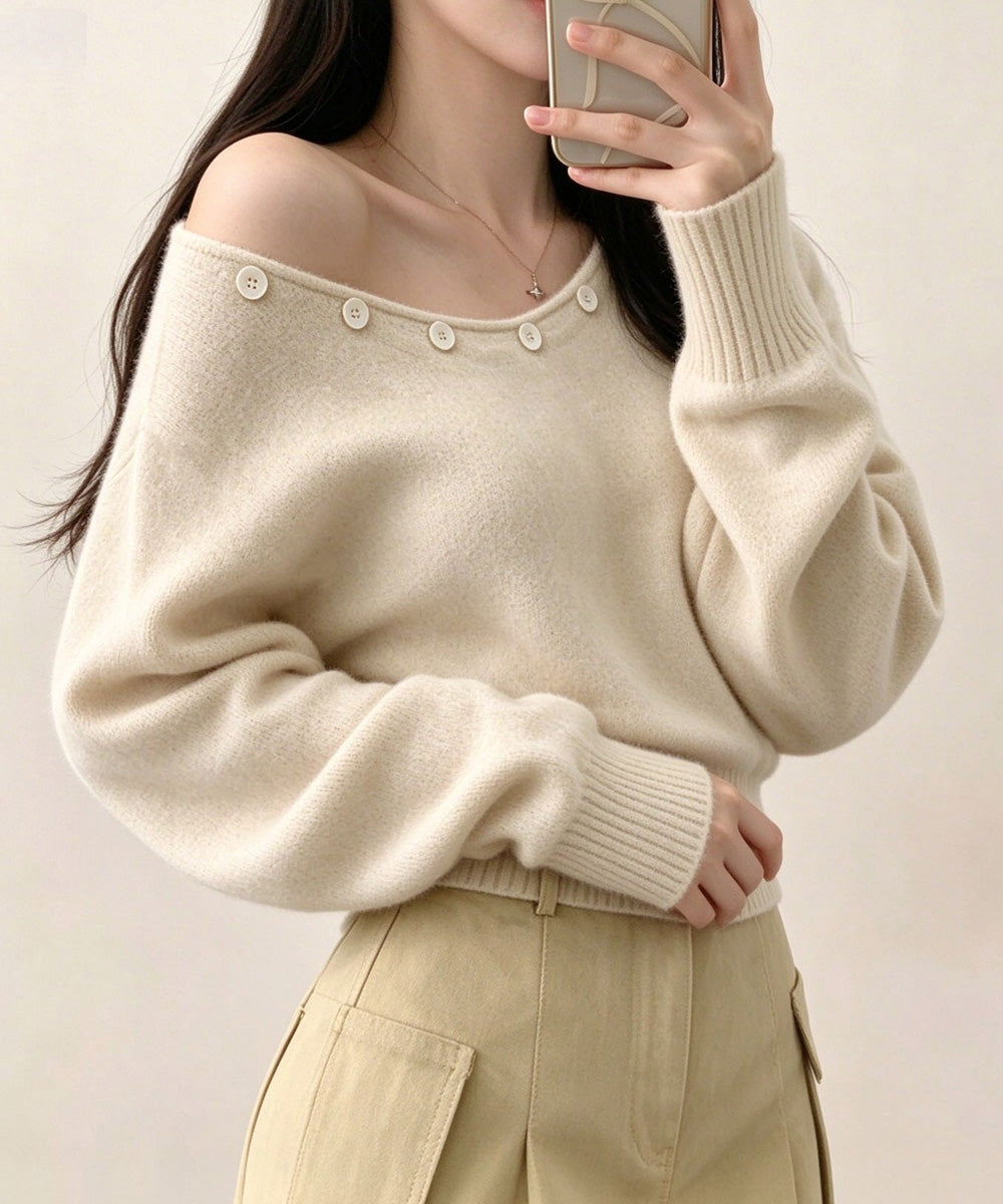 オフショルダー ニットトップス韓国風秋服